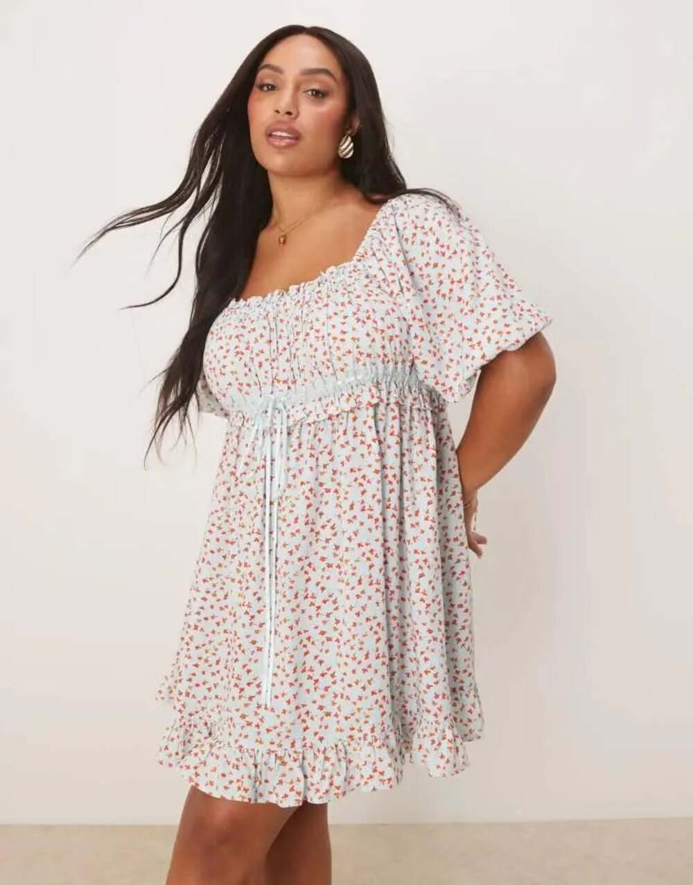 Asos Design Curve Blue Ditsy Floral Square Neck Puff Sleeve Mini Dress Size 14